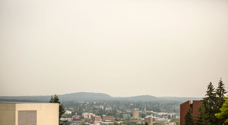 In this photo taken from Wilson Library Monday morning, July 6, a smoky haze is seen over downtown Bellingham. On July 7, the Northwest Clean Air Agency lifted the smoke advisory and rated Bellingham's air quality as "good." Photo by Matthew Anderson / WW