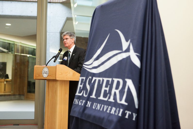 Steve Swan, Western's vice president for University Relations, speaks at the dedication and plaque ceremony for the newly renovated Miller Hall on Wednesday, Nov. 2, 2011.