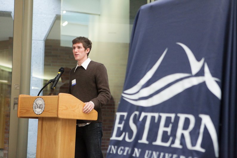 Travis Peters, the Associated Students' vice president for Business and Operations, speaks at the dedication and plaque ceremony for the newly renovated Miller Hall Wednesday, Nov. 2, 2011.