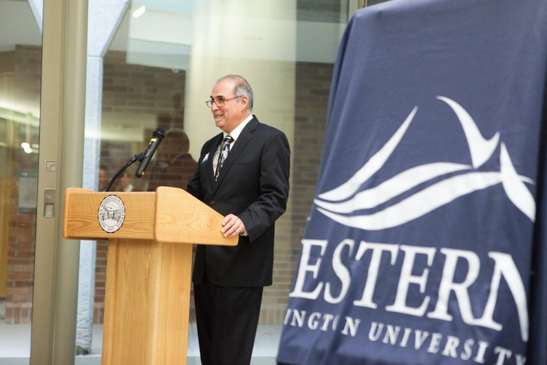 Francisco Rios, the dean of Woodring College of Education, speaks at the Miller Hall dedication ceremony on Wednesday, Nov. 2, 2011.