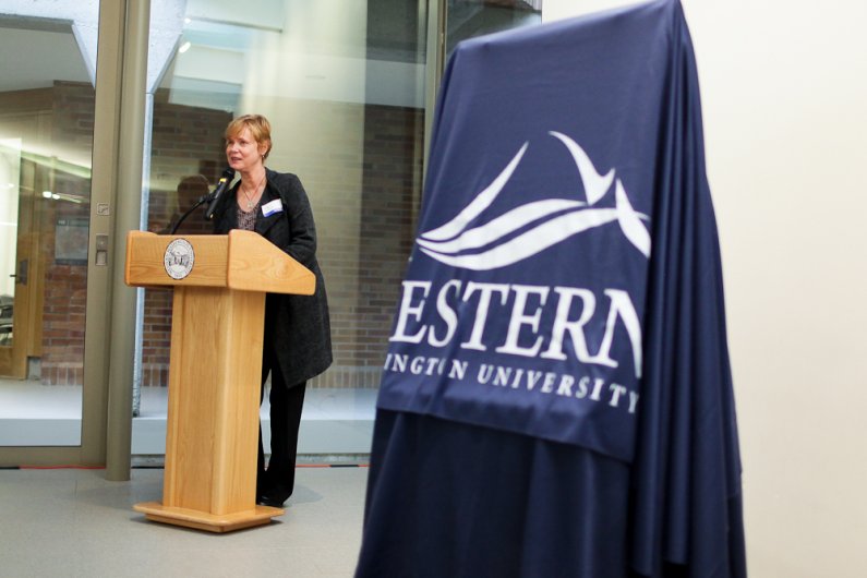 Vicki Hamblin, executive firector of Western's Center for International Studies, speaks at the dedication and plaque ceremony for the newly renovated Miller Hall on Wednesday, Nov. 2, 2011.