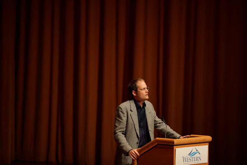 Stephen Prothero, author of the 2011-12 Western Reads book “Religious Literacy: What Every American Needs to Know–and Doesn’t,” speaks to a packed house in the PAC Concert Hall at Western Washington University Tuesday, Nov. 15, 2011. Photo by Rhys Logan |