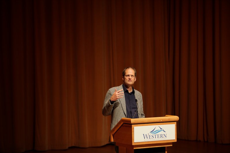 Stephen Prothero, author of the 2011-12 Western Reads book “Religious Literacy: What Every American Needs to Know–and Doesn’t,” speaks to a packed house in the PAC Concert Hall at Western Washington University Tuesday, Nov. 15, 2011. Photo by Rhys Logan |