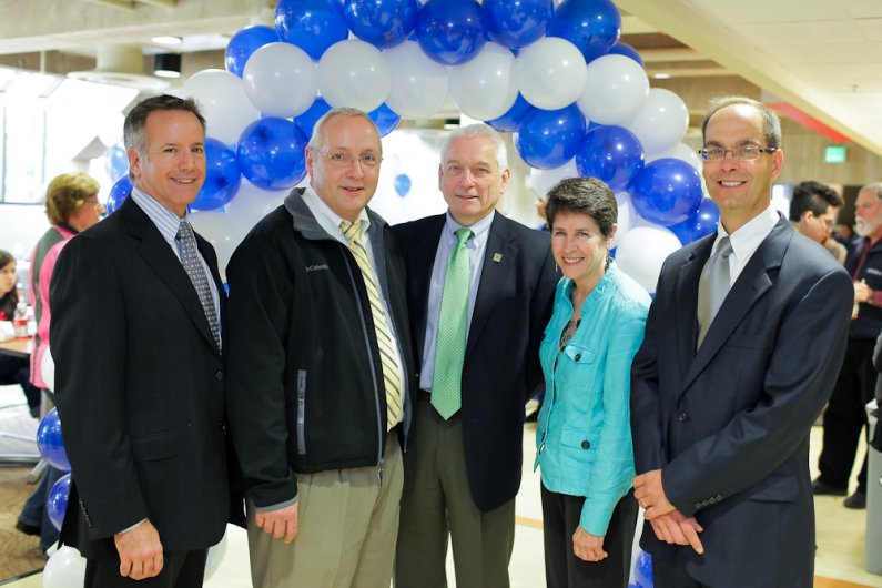 From left, Regional Vice President for Aramark Chris Gossard, Resident District Manager at WWU Steve Wadsworth, Director for University Residences Willy Hart, Senior Vice President and Vice President for Enrollment and Student Services Eileen Coughlin and