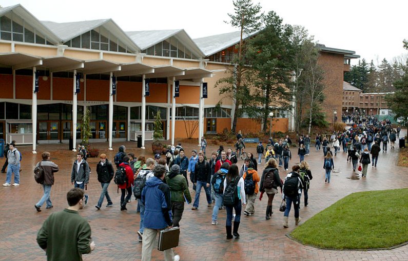 Winter quarter 2010 officially has begun at Western Washington University. Here, on a soggy Bellingham morning, students walk between classes in front of Carver Gymnasium. Forecasters expect the weather to remain gray throughout the week, with highs reach