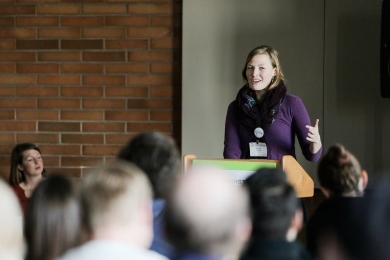 Kendra Krantz, residence resource awareness coordinator for Western’s Office of Sustainability, speaks at a breakout session during the Washington Higher Education Sustainability Conference at Western Washington University on Friday, Feb. 7, 2014. Photo b