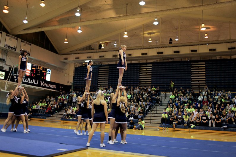 The Western Cheer team performs during the Viking Jam at Carver Gym Wednesday, Oct. 26, 2011. Photo by Rhys Logan | University Communications intern