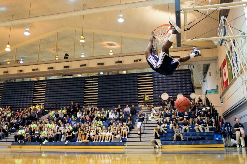 Shedrick Nelson slams down the two-handed jam during the Viking Jam at Carver Gym Wednesday, Oct. 26, 2011. Photo by Rhys Logan | University Communications intern