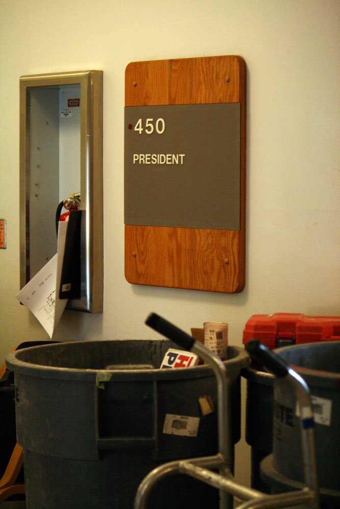 <p>
	Garbage cans sit in the Old Main hallway outside the president&#39;s office on the fourth floor. Photo by Brooke Loisel | University Communications intern</p>
