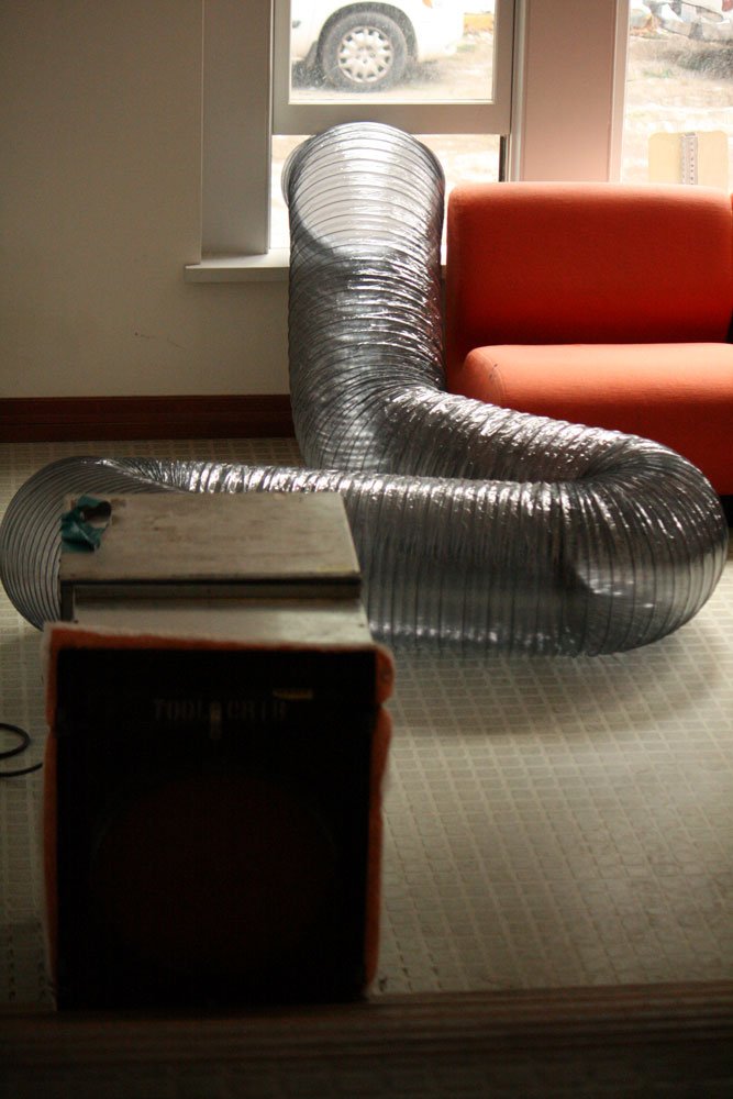 <p>
	In a third-floor study area in Old Main, a duct directs moisture out of the building. Photo by Brooke Loisel | University Communications intern</p>
