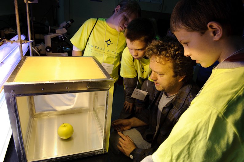 Assistant Professor Dr. Dietmar Schwarz shows students attending Compass 2 Campus how an apple maggot fly lays eggs in an apple during his class "How do apple maggot flies find the best place for their kids?" Photo by Rachel Bayne | For WWU