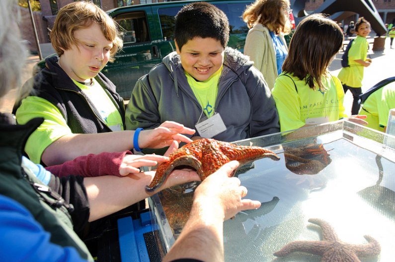 Compass 2 Campus student Alex Martinez, center, reacts after touching a leather star starfish at the Shannon Point Marine Center booth on Red Square. Photo by Rachel Bayne | For WWU