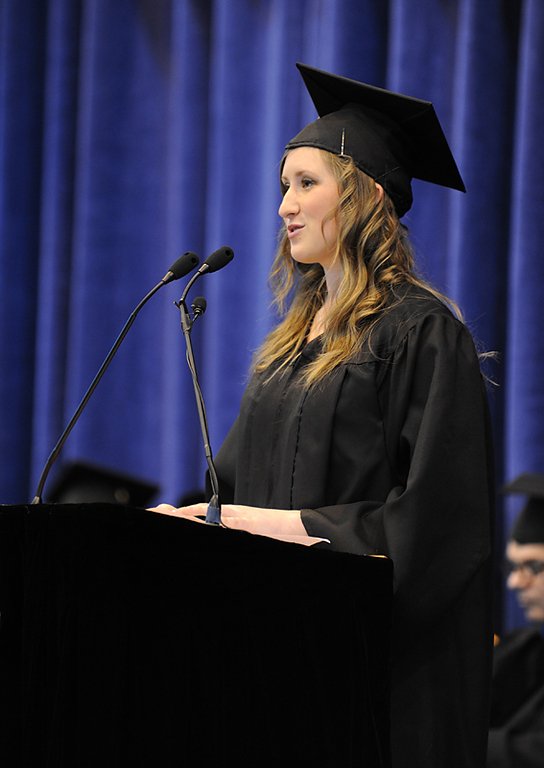 Student speaker Alexis Aippersbach, who now has a degree in business administration, addresses her fellow graduates during Western Washington University's 2010 Winter Commencement at Sam Carver Gymnasium on March 20, 2010.

Photo by Rachel Bayne of Bayn