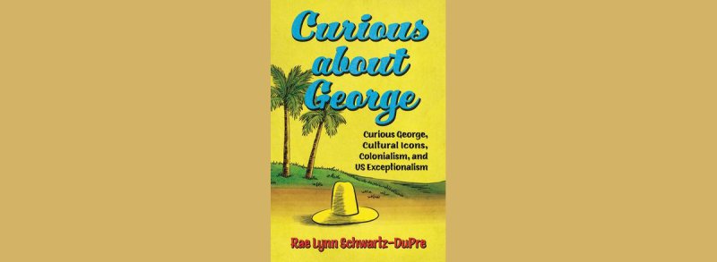 book cover for "Curious about George", with a yellow hat on the ground in front of palm trees