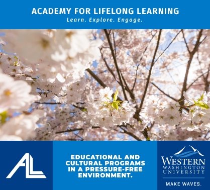 A photo of cherry blossoms against a sunny blue sky. Header reads "Academy for Lifelong Learning. Learn. Explore. Engage." Footer reads "Educational and cultural programs in a pressure-free environment."