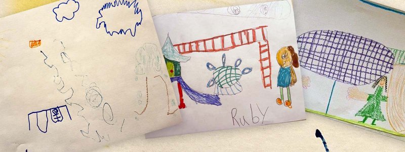 One banner with three photos of kid art, all with a "playground" theme. There are swings drawn by a young person and older kids drew a slide and monkey bars