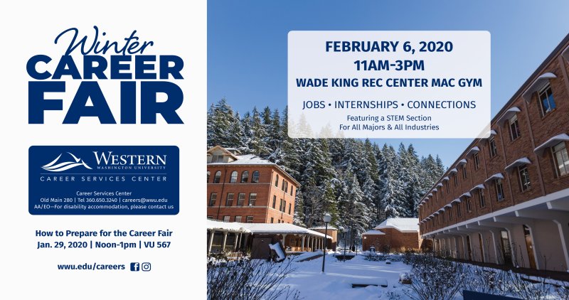 Job seekers looking for ways to connect directly with employers are invited to attend Western Washington University’s Winter Career Fair, which will take place from 11am to 3pm on Thursday, February 6th in the Wade King Student Recreation Center MAC Gym. 