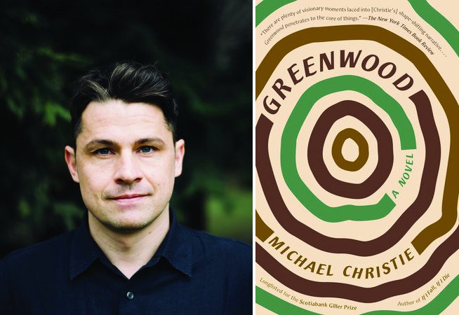 Portrait of Michael Christie next to the cover of his book, "Greenwood."