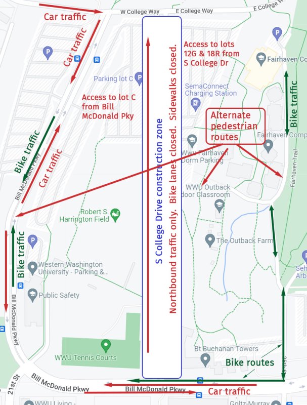 Map shows the South College Drive construction zone