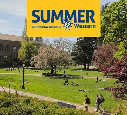 Students hanging out on the lawn in front of Wilson Library on a sunny day, with text reading "Summer at Western: summer.wwu.edu."