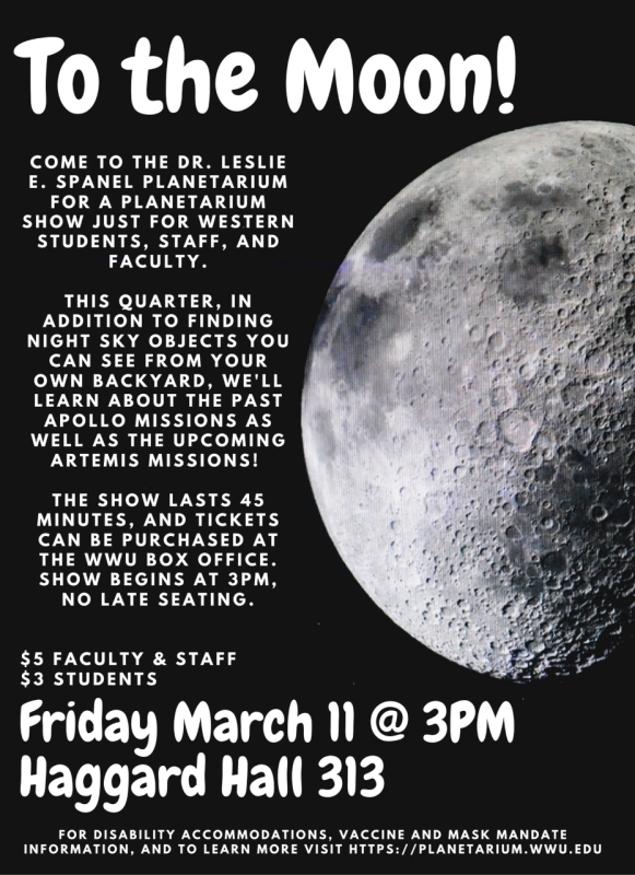 poster has details of the upcoming show at the Spanel Planetarium titled "To the Moon"