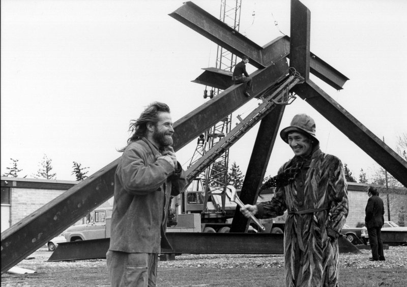 Virginia Wright (right) poses with sculptor Mark di Suvero as he assembles “For Handel” on what is now the PAC Plaza on Western's campus in 1974. Wright bought the soaring I-beam sculpture for Western after losing out on a different di Suvero work.