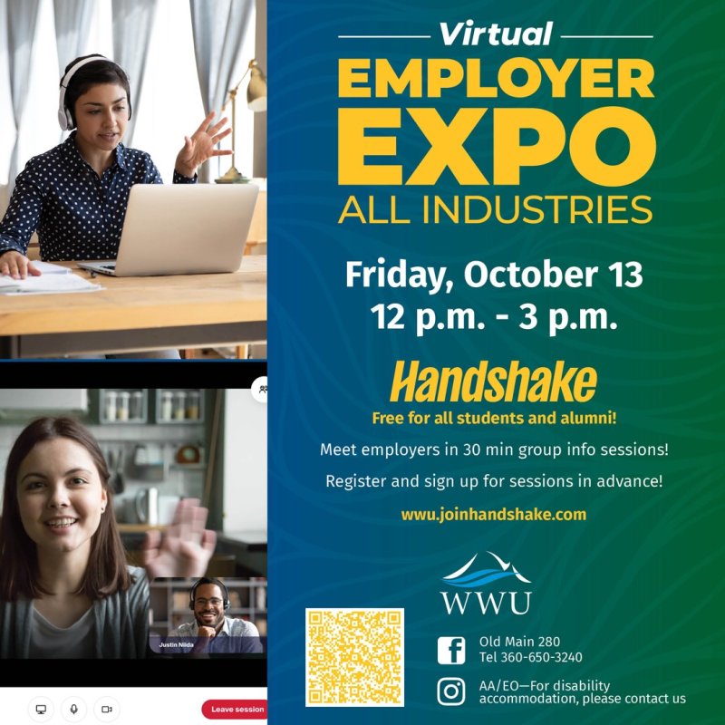 Poster has dates and info about the Virtual Employer Expo