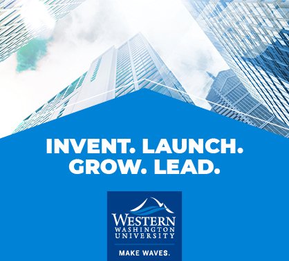 A photo of the sky and buildings in a city center with text reading Invent. Launch. Grow. Lead.