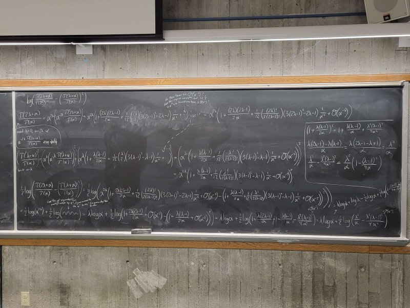  The image shows a blackboard with mathematical equations written in white chalk. The equations are mostly about the time complexity of algorithms. The board is divided into two parts. The left part is about the time complexity of sorting algorithms, and the right part is about the time complexity of graph algorithms.  The left part of the board starts with the definition of the time complexity of an algorithm. It then discusses the time complexity of sorting algorithms, such as insertion and merge sorts.