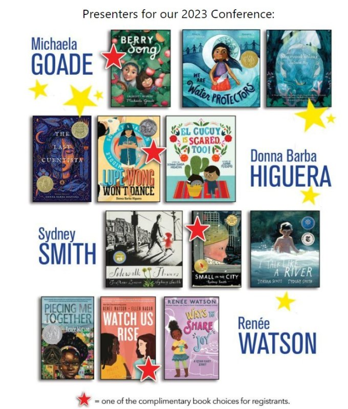Collage of book covers from presenters at this year's Children's Literature Conference