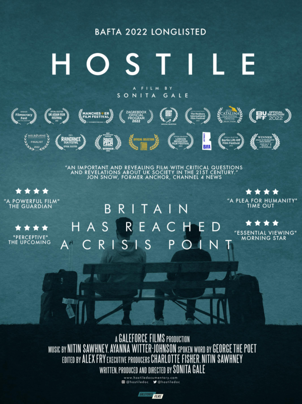 Poster for the documentary film "Hostile" shows two people sitting on a park bench