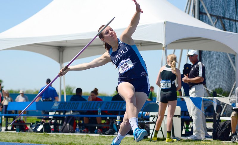 Bethany Drake's longest toss of 165 feet, 3 inches was just an inch longer than teammate Katie Reichert's best throw. The two finished first and second in the nation at track and field nationals this past weekend. Photo by Kyle Terwillegar/USTFCCCA