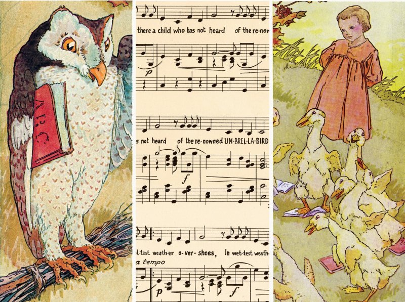 Page from a children's poetry book has sheet music, a poem, and illustrations of a young girl and an owl reading a book.