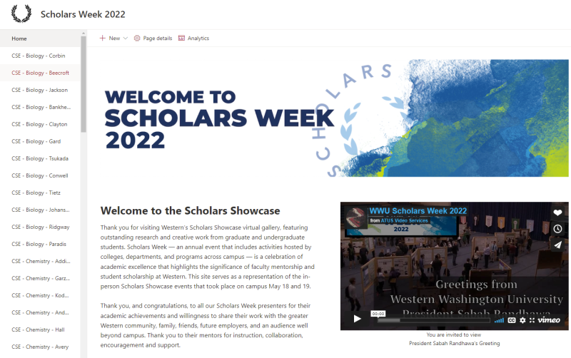 Screenshot of Scholars Week Homepage on SharePoint
