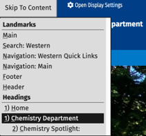 Skip To Content activated showing landmarks on the page such as Main, Navigation: Main, and Headings, level 1 and 2.