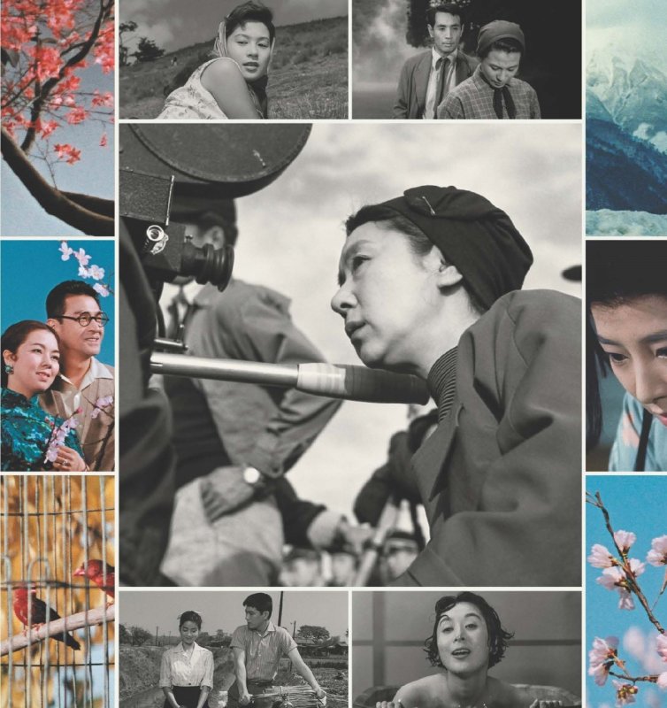 Collage with largest image in the middle square, a b/w photo of an angled profile view of Tanaka Kinuyo’s face and upper torso as she directs a film. She is behind camera equipment and looking straight ahead.