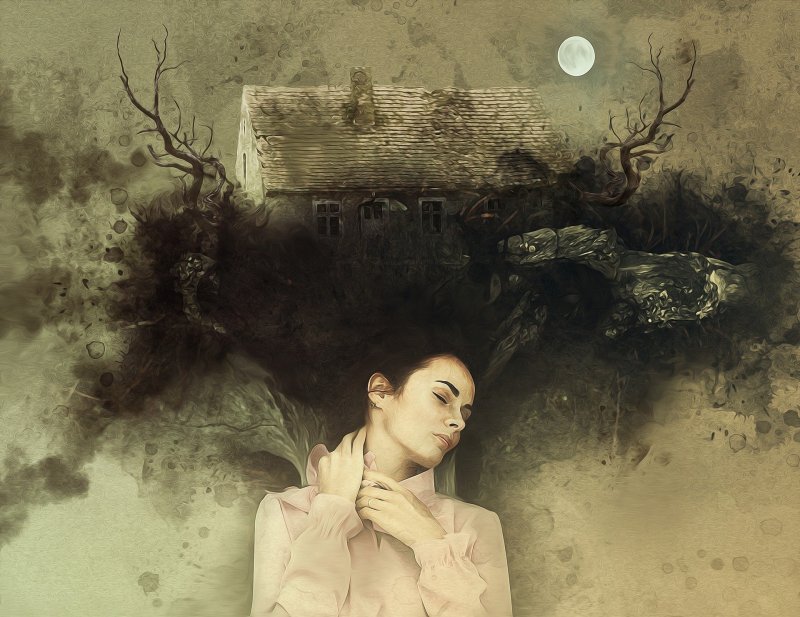 painting shows a woman deep in thought; above her is a log cabin and trees under an ominous moon