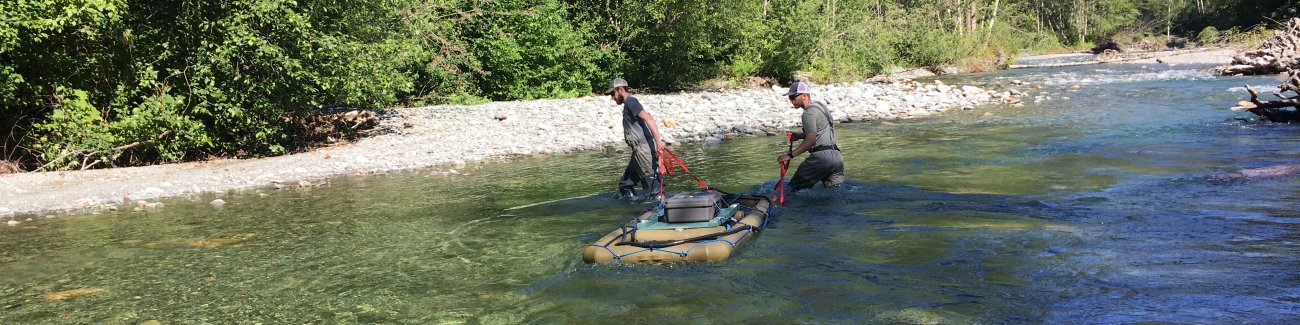 WWU students Ben Jensen and Blake Hilde in action with a PIT tag detection array on a tributary of the Skagit last summer.