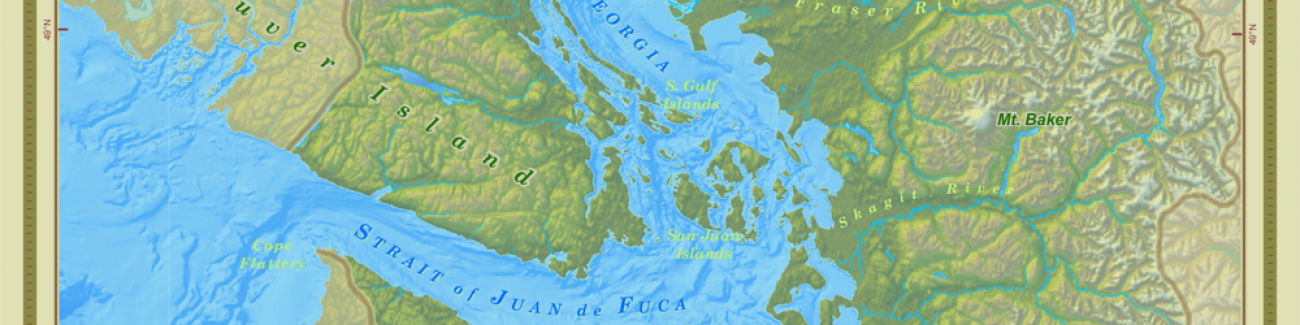Detail from a map of the Salish Sea watershed by Stefan Freelan, WWU