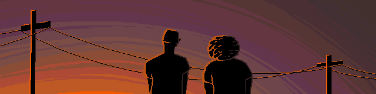 Pixel art shows two teenagers sitting on the roof of a car as the sun sets in front of them
