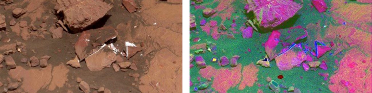 An image taken on the 2005th Martian day of the Curiosity mission, shown as we normally see it (left) and with a color stretch (right), where different colors can indicate different compositions.  
