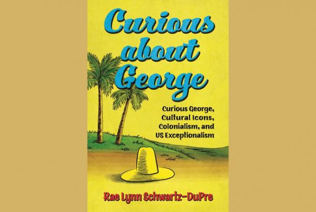 book cover for "Curious about George", with a yellow hat on the ground in front of palm trees
