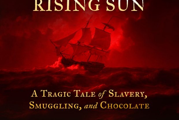 Book cover shows a brig under full sail under a red moon
