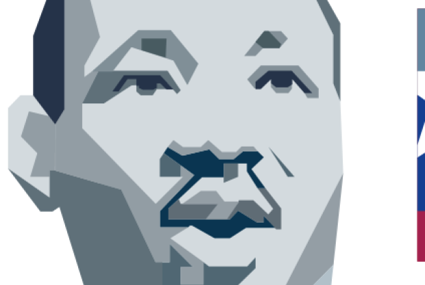 Stylized portrait of Martin Luther King Jr. with the letters "MLK" in red, white and blue