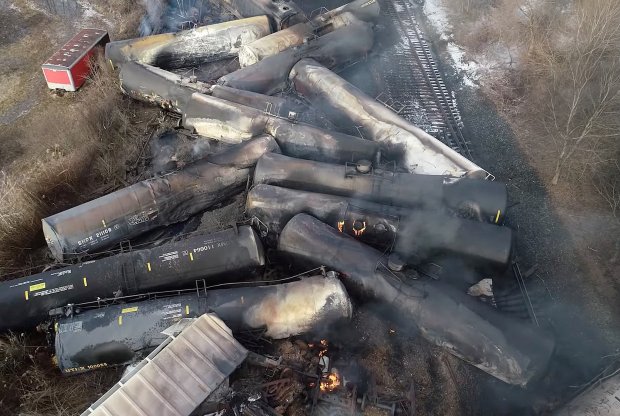 An accordion-like stack of oil cars on fire in Ohio