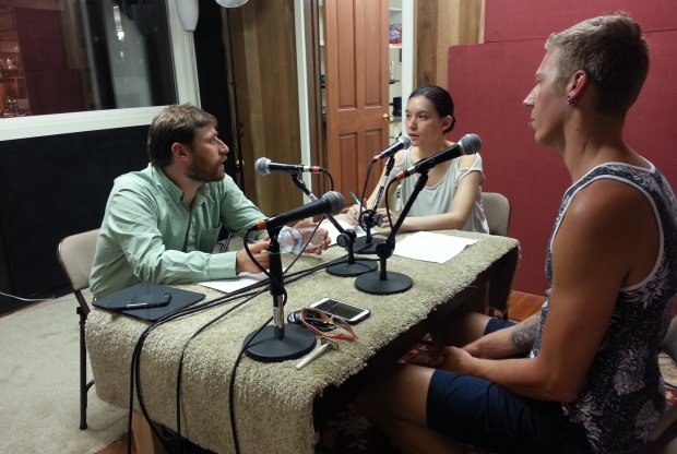 Regina Barber DeGraaff (center) and co-host Jordan Baker (right) interview Kevin Covey, an astrophysicist and assistant professor at Western, for their talk radio show "Spark Science." Photo courtesy of Regina Barber DeGraaff.