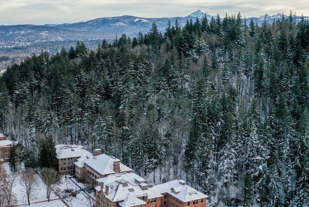 High above campus looking north over a snow-covered Bellingham