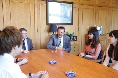 Western Washington University President Bruce Shepard chats with recent graduates of the Asia University America Program at Western in his office Friday morning, July 19. Shepard is in Korea and Japan the next two weeks to visit Asia University and other 