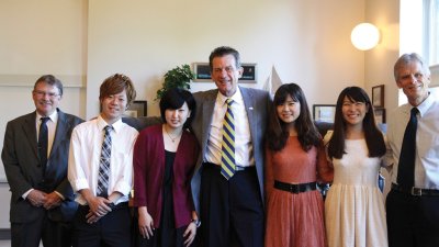 Western Washington University President Bruce Shepard welcomed recent graduates of the Asia University America Program at Western in his office Friday morning, July 19. Shepard is in Korea and Japan the next two weeks to visit Asia University and other sc