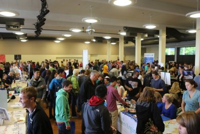 Rain forced the first day of the annual Associated Students Info Fair to take place indoors in the Viking Union and the VU Multipurpose Room, and outdoors under cover in the PAC Plaza and on Vendor's Row. Photo by Matthew Anderson | WWU